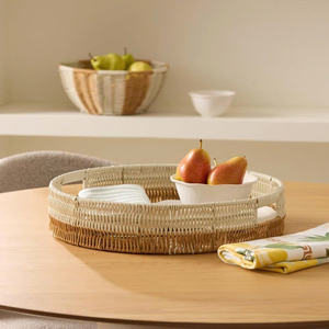 Best Price Artisanal Color Block Round Rattan <b>Tray</b> Natural Woven Serving <b>Basket</b> For Living Room Organization - Product Image 4