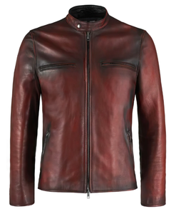 Veste moto en cuir véritable pour homme, col montant, fermeture éclair, couleur unie, coupe classique, pour l'automne - Product Image 3