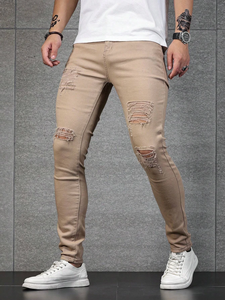 กางเกงยีนส์ผู้ชายสไตล์ยุโรปแบบวินเทจสีน้ำเงินขาดๆ ดีไซน์ทันสมัย ทรงสลิมฟิต ยืดได้ ขาตรง - Product Image 5