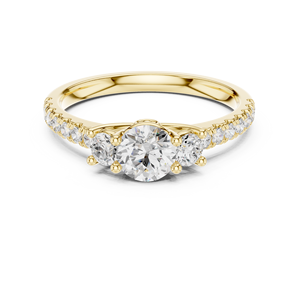 Bague de fiançailles en or jaune à trois pierres rondes serties de diamants, style classique, bijoux fins pour femmes - Product Image 1