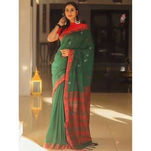 ÚLTIMO LINO SEDA ZARI TEJIDO TRABAJO SAREE CON BLUSA SIN COSTAR VERDE - Product Image 1