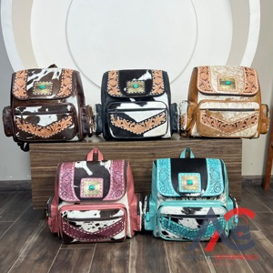 Super September Handcrafted <b>Tooled</b> Cowhide Leather Women's <b>Backpacks</b> Stylish Turquoise stone Soft Handle Travel Luggage Bags - Product Image 1