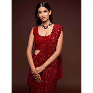 ชุดไปคลับชุดปาร์ตี้ผ้าส่าหรีประดับด้วยเลื่อมสีแดงทับทิม - Product Image 3