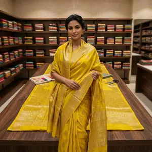 Sari traditionnel en soie jaune pour femmes avec bordure en zari doré, motif Buti, collection élégante pour mariages et occasions festives - Product Image 1