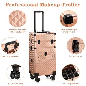 Valigetta per Cosmetici 2-in-1 con Cassetto Frontale Scorrevole, Cassetto Sinistro Piatto, Motivo a Diamante, Alluminio Champagne, Ruote Staccabili - Product Image 4