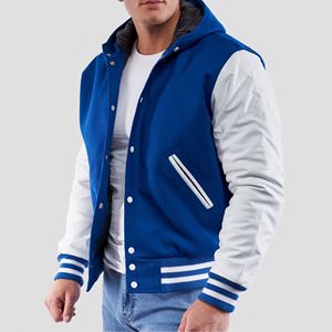 Veste universitaire unisexe en laine rouge avec manches en cuir noir, fermeture éclair sur le devant, patchwork, coupe-vent, style vintage, streetwear urbain - Product Image 2