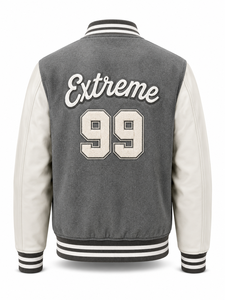 Blouson universitaire unisexe gris en laine avec manches en PU, lettre X brodée sur le devant, col rabattu, patchwork, streetwear d'hiver - Product Image 3