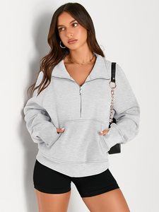 Sudadera Oversize de Mujer Tallas Grandes Gris con Cierre de Cremallera, Color Liso, Manga Larga, Tejido de Mezcla de Algodón, Top Casual de Otoño - Product Image 1