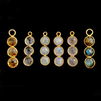 Breloques à trois pierres de naissance rondes taille briolette, serties clos, en argent sterling 925 plaqué or 14K, 6 mm, tendance, faites à la main