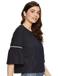 Top de Punto Azul Marino para Mujer, con Mangas Acampanadas, Cuello Redondo, Estilo Casual de Verano, 100% Poliéster Transpirable, Diseño con Volantes - Product Image 3