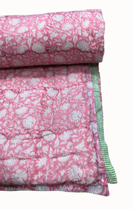 Traditional Handmade Flurry Cotton <b>Quilt</b> Pink Floral Print Reversible Durable All Season Home Use From Rajasthan - Product Image 3