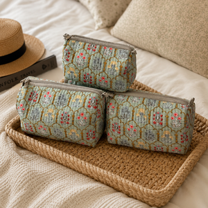 Luxury Mint Botanical 3 Piece Makeup Pouch Set Quilted Cotton Cosmetic Bags for Women Travel Vanity <b>Toiletry</b> <b>Storage</b> Organizer - Product Image 2