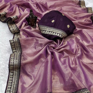 El último diseñador Pure Soft Tissue Zari Weaving Lace Border Silk Sari Fabric de Fab Zone - Product Image 1