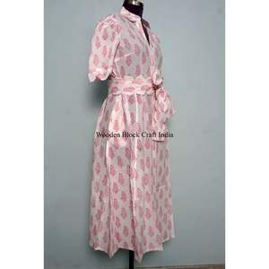 Indian Cotton Floral Block Print Dress Button Down Dress Women's <b>Dressing</b> <b>Gown</b> Casual Dress Print Women short Sleeve <b>Long</b> <b>Length</b> - Product Image 5