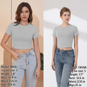 T-shirt court gris pour femme, manches courtes, col rond, coupe ajustée, tricoté, couleur unie, décontracté, printemps-été - Product Image 4