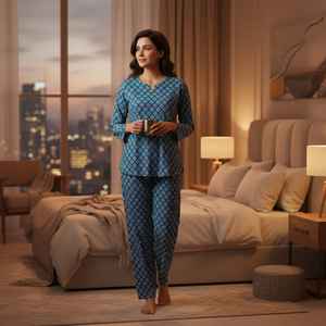 Ensemble de vêtements de nuit en coton bleu pour femmes, imprimé ethnique, kurta avec pyjama droit, vêtements de maison confortables - Product Image 1