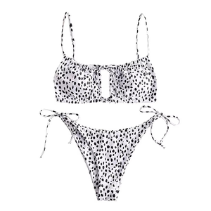 Women Bikini <b>Set</b> Black <b>White</b> Spotted Print Adjustable Tie Side Two <b>Piece</b> Swimwear - Product Image 1