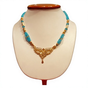 Colgante de oro macizo de 22 quilates con collar de cuentas azules para mujer, 2.620 g, joyería india hecha a mano, collar elegante de oro auténtico - Product Image 2