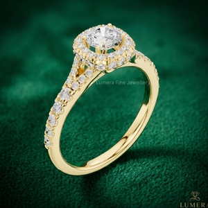 Bague de fiançailles avec halo de diamants de laboratoire taille ronde, en or jaune 18 carats, micro-pavé, pour femme, bijoux personnalisés OEM - Product Image 4