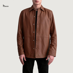 Relevo Industries <b>Men's</b> <b>Brown</b> <b>Leather</b> Shirt <b>Jacket</b> Turn-down Collar Regular Fit Workwear Style Autumn Wear For <b>Men</b> - Product Image 1