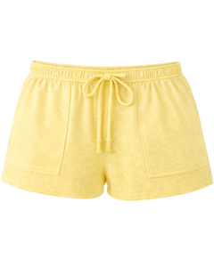 Ensemble 2 pièces tricoté jaune pour femme : haut à col rond et manches courtes, short à taille élastiquée avec poches, style décontracté vintage, boutons et dentelle en maille - Product Image 4