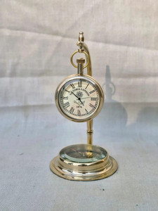 Shiny Polished Brass Mechanical <b>Desk</b> <b>Clock</b> Compass Vintage Antique Nautical Design Hourly Chiming Silent Operation for Home - Product Image 6