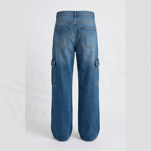 Jean cargo en denim taille haute pour homme, coupe ample, délavé, bleu uni, en coton mi-lourd, style automne - Product Image 5
