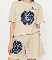 Ensemble de t-shirts pour femmes en spandex rose ample et respirant, manches courtes, col rond, imprimé, tricoté, tenue décontractée d'été