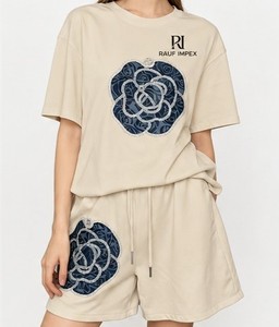 Ensemble de t-shirts pour femmes en spandex rose ample et respirant, manches courtes, col rond, imprimé, tricoté, tenue décontractée d'été - Product Image 4