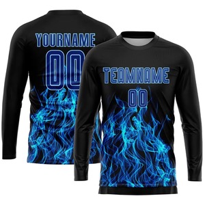 Custom Heat-Transfer Printed 100% Polyester Long Sleeve <b>Soccer</b> Jersey Black Blue Flame Design Breathable Moisture Wicking - Product Image 1