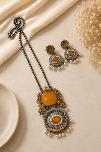 Beautiful Designer Antique Oxidized Pendant Necklace <b>Set</b> with Matching Earrings | <b>Pearl</b> Detailing | Ethnic Statement Jewellery - Product Image 1