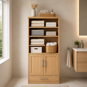 Multi Tier Open Rack Teak Wood <b>Bathroom</b> <b>Cabinet</b> Modern Silver Handle <b>Floor</b> Organizer - Product Image 1
