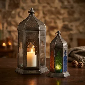 Hexagon <b>Metal</b> <b>Lantern</b> With Glass Panels Durable Outdoor Candle Holder Home Decoration - Product Image 2