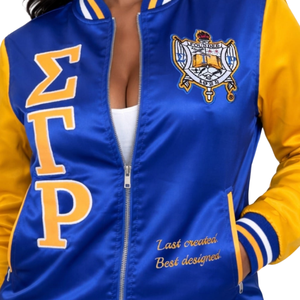 Sigma Gamma Rho Bomber Jacket Women Blue Gold Embroidery Zip Up Varsity Jacket Casual Stylish Fit - Product Image 3