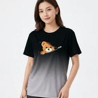 T-shirt à manches courtes noir pour homme avec imprimé ours de dessin animé et fermeture éclair, col rond décontracté, coupe régulière, tissu jersey 100% coton