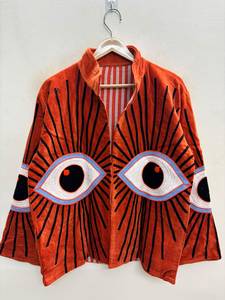 Luxury Orange Floral Printed <b>Velvet</b> Varsity <b>Jacket</b> with Covered Button Closure Cotton Lining Breathable Fabric for <b>Women</b> - Product Image 1