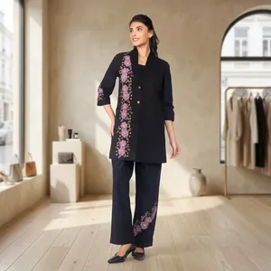Ensemble 3 pièces en coton noir brodé pour femmes, col mandarin, motif floral, veste, camisole, pantalon, à porter toute l'année - Product Image 1