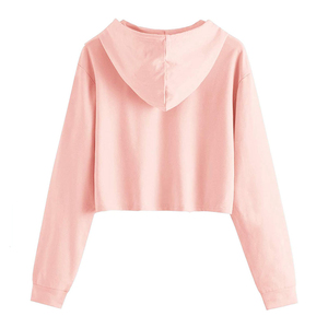 เสื้อฮู้ดครอปสีชมพูสำหรับผู้หญิง แขนยาว สีพื้น ผ้าถักนิตติ้ง ผ้าฝ้าย สไตล์ลำลอง ใส่สบาย ระบายอากาศได้ดี เหมาะสำหรับฤดูใบไม้ร่วง - Product Image 1