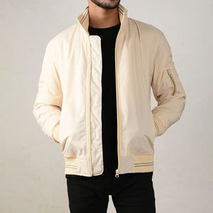 Chaqueta Bomber Ligera Casual para Hombre, Color Blanco Hueso, Cuello Alto, Ribete a Rayas, Cremallera, Bolsillos en las Mangas, Estilo Urbano - Product Image 2