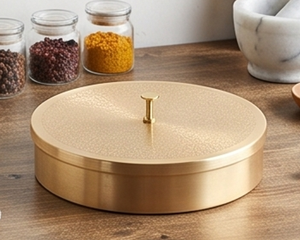 Elegante Caja Redonda Metálica de Almacenamiento con Tapa Tallada, Acabado Dorado Elegante para Sala de Estar, Diseño de Una Sola Capa a Prueba de Polvo - Product Image 5