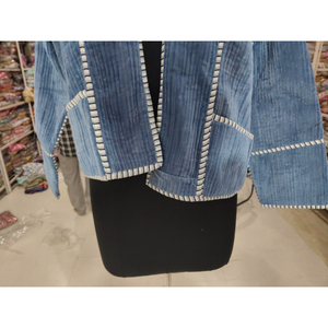 Blazer en velours côtelé bleu pour femme, col châle, manches trois quarts, longueur courte, couleur unie, vêtement d'automne, cadeau pour elle - Product Image 5