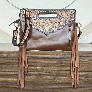 Factory Wholesale New Customized Western Floral <b>Tooled</b> Cowhide <b>Leather</b> Handbag Hair On Hide Fringe Purse Crossbody Bag for Women - Product Image 5