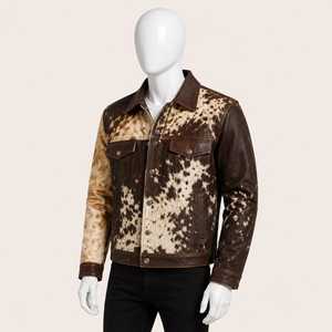 Veste de motard en cuir véritable pour homme, motif vachette, col rabattu, fermeture boutonnée, coupe classique, automne, décontractée - Product Image 2