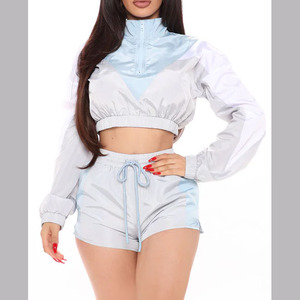 Women's Blue Sporty Windbreaker Set Full Sleeve Zipper Oversize <b>Cropped</b> <b>Top</b> <b>Shorts</b> Regular Fit Winter Wear Velvet Quick Dry - Product Image 1