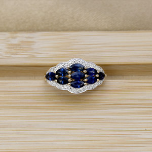 Bague en or jaune 14 carats avec saphir bleu naturel et grappe de diamants pour femme |   Bijoux fins de coupe marquise, vente en gros, OEM, ODM - Product Image 3