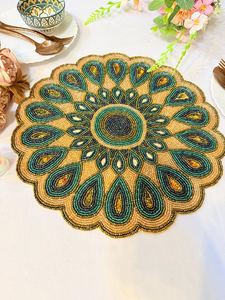 Handmade <b>Round</b> Bohemian Beaded Fabric <b>Placemat</b> With Teal And Gold Mandala Design - Product Image 2