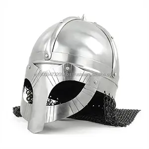 钢银头盔，带锁链，无木质底座 | 中世纪战士可穿戴盔甲头盔 | 皮革衬垫