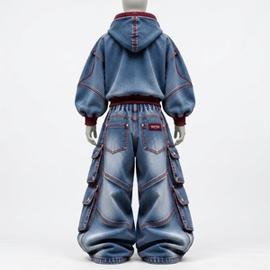 <b>Womens</b> Blue Washed Denim Hoodie And <b>Baggy</b> Cargo <b>Jeans</b> Set Burgundy Contrast Stitch Oversized Streetwear Custom Wholesale Supplie - Product Image 4