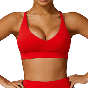 Sujetador deportivo de yoga con espalda cruzada y cuello en V profundo para mujer, soporte medio, transpirable, verde liso - Product Image 2