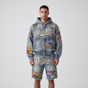 Conjunto de Sudadera con Capucha y Pantalones Cortos para Hombre, Estilo Y2K Vintage, 100% Algodón Lavado, con Parches y Cremallera, Personalizable con Logotipo OEM, Venta al Por Mayor - Product Image 1